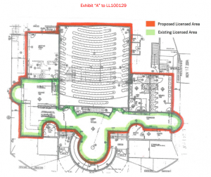 Playhouse blueprint. The area outlined in red is where alcohol is now allowed. The area outlined in green was where alcohol was formerly allowed.